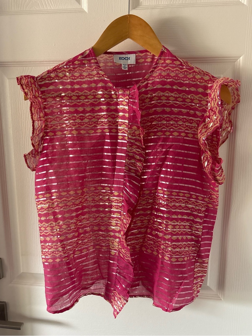 KOCH Palm Top Pink Gold Metallic Stripe Ruffle Flutter Sleeve Blouse Size XS - Picture 2 of 5